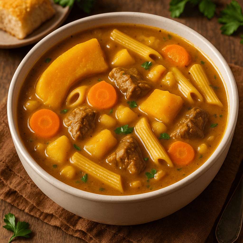 Hearty pumpkin-based Soup Joumou in a rustic bowl